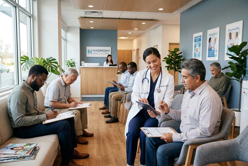 Men in a clinic completing forms and learning How to Donate Sperm in a medical center