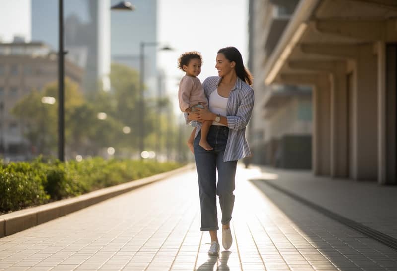 Madre soltera caminando por la ciudad con su hijo pequeño en brazos