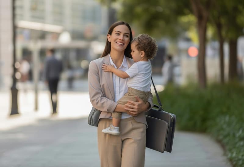 Madre soltera sosteniendo a su hijo pequeño en un entorno urbano moderno