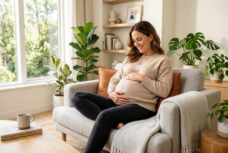 have a baby alone – pregnant woman sitting on a sofa, gently holding her belly at home