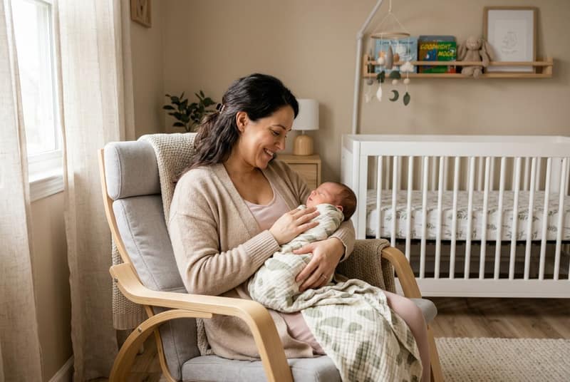 have a baby alone – mother cradling her baby in a chair beside a crib in a peaceful room
