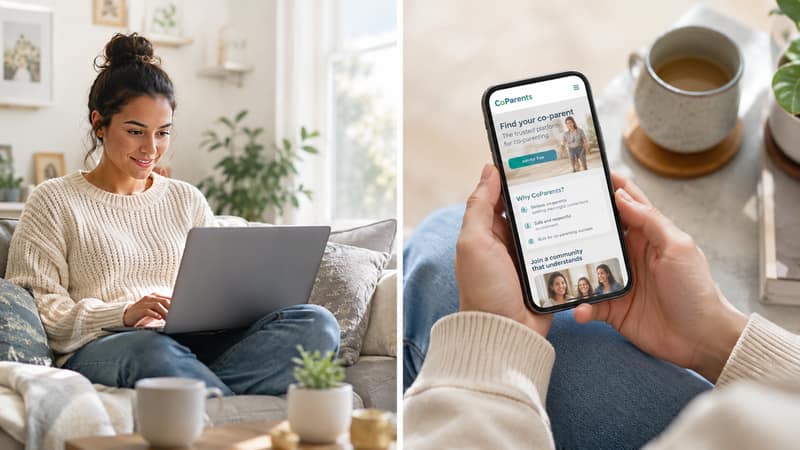 co-parenting websites used by a woman browsing co-parenting options on laptop and phone