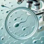 A medical illustration representing low sperm count (oligospermia). The image shows a stylized view of sperm cells under a microscope
