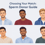 Choosing Your Match Sperm Donor Guide showing six diverse male sperm donor pictures with different ethnicities and appearances