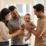 Smiling parents holding a happy baby indoors illustrating Parenting Without Romance