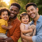 Gay co parenting: two fathers holding their children smiling outdoors in a park
