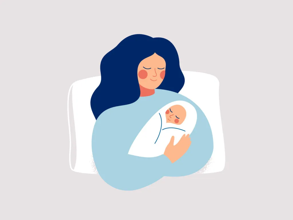 first time mom – illustration of a mother gently holding her newborn baby with love