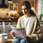 A home setting with a woman holding a turkey baster in one hand, looking thoughtful as she reads instructions on insemination