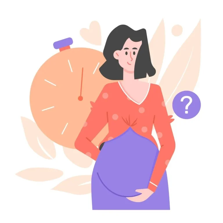 due date calculator illustration showing pregnant woman with clock and pregnancy timeline concept