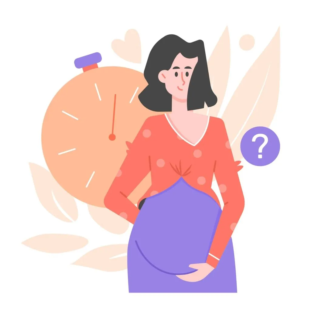due date calculator illustration showing pregnant woman with clock and pregnancy timeline concept