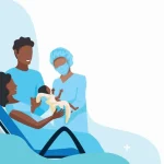 giving birth in hospital with medical team assisting mother and newborn