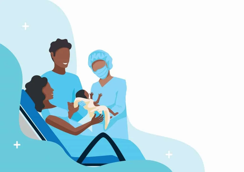 giving birth in hospital with medical team assisting mother and newborn