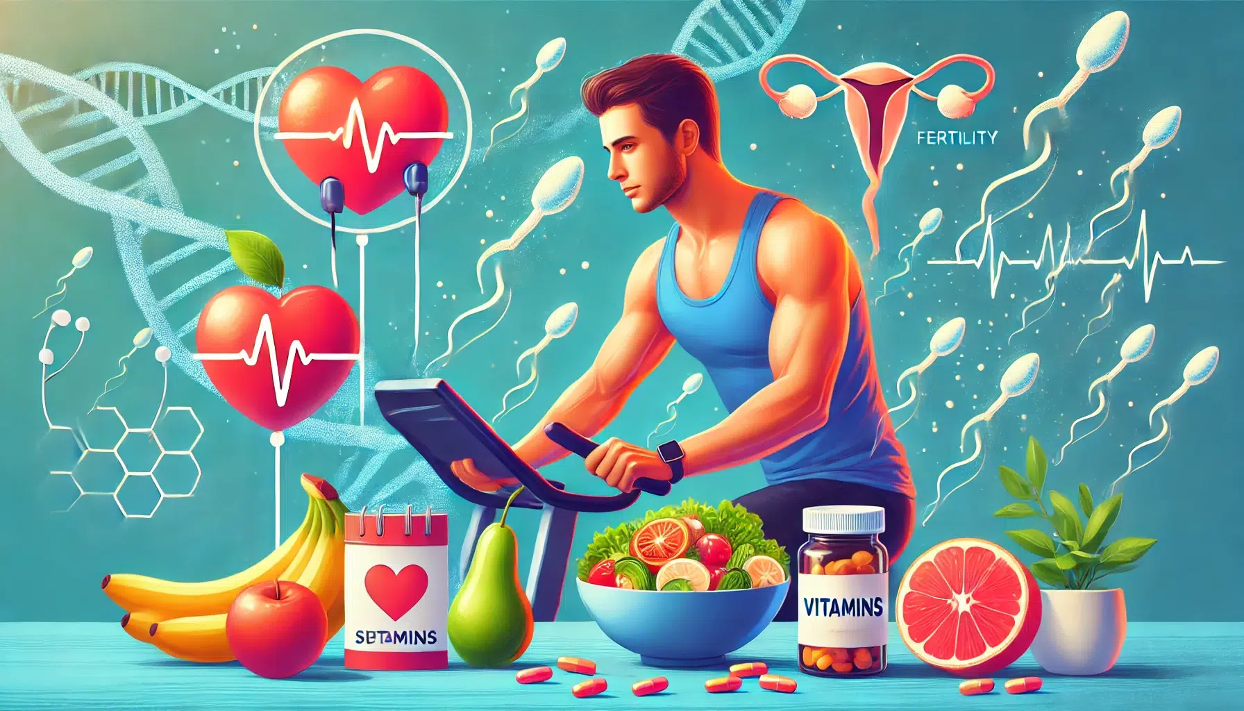 A vibrant, health-focused scene showing a man engaging in activities to boost sperm count. He is exercising in a gym, eating a healthy meal