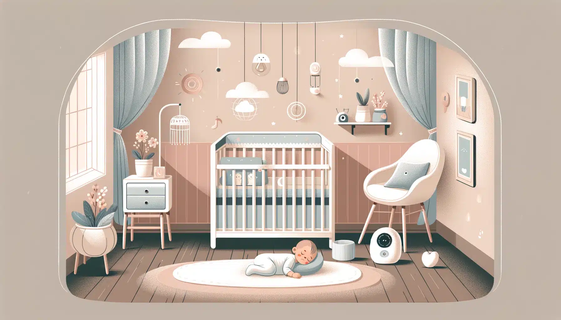 An illustration to accompany a blog post about sleep training your baby. The scene features a calm nursery with a baby peacefully sleeping