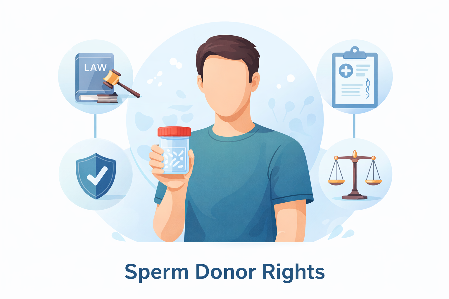 Sperm donor rights illustration showing donor holding sample with legal and medical symbols