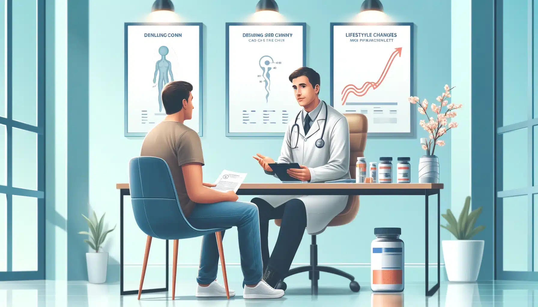 An illustration to accompany a blog post about male fertility decline and what can be done about it. The scene features a man consulting with a doctor