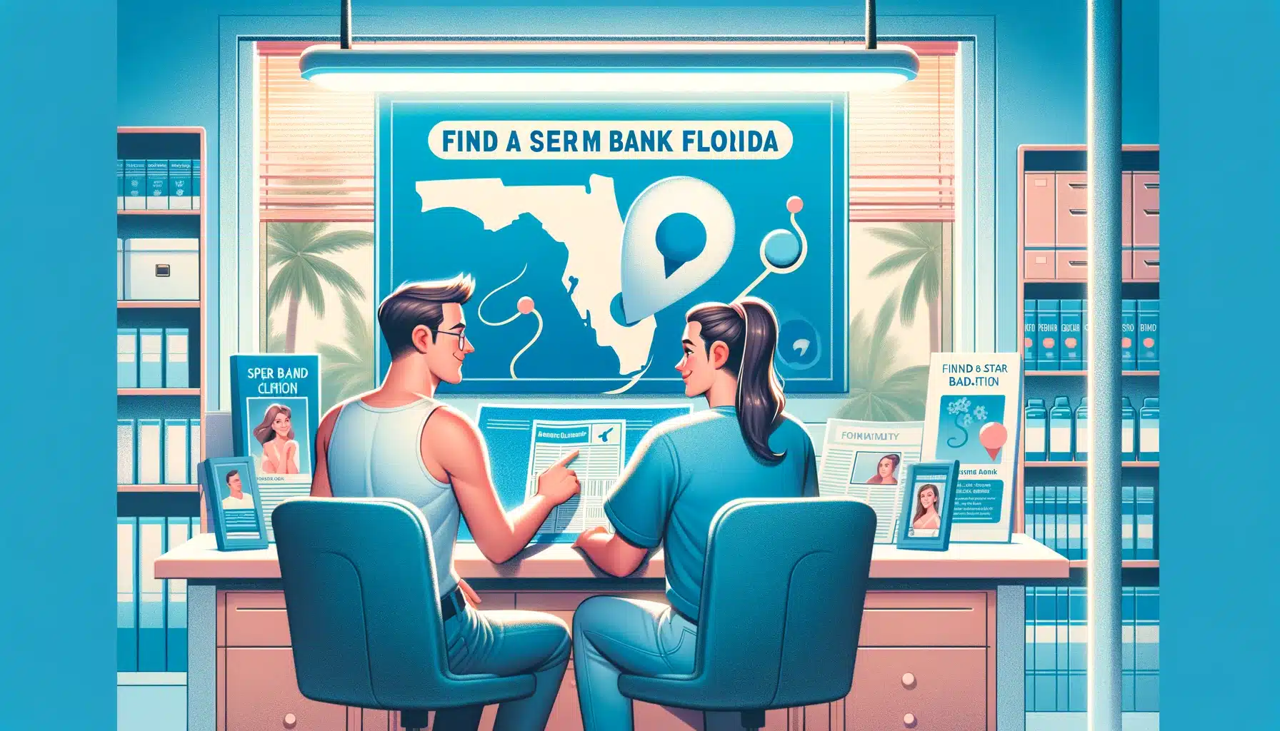 An illustration to accompany a blog post about finding a sperm bank in Florida. The scene features a couple looking at a map of Florida with a marker
