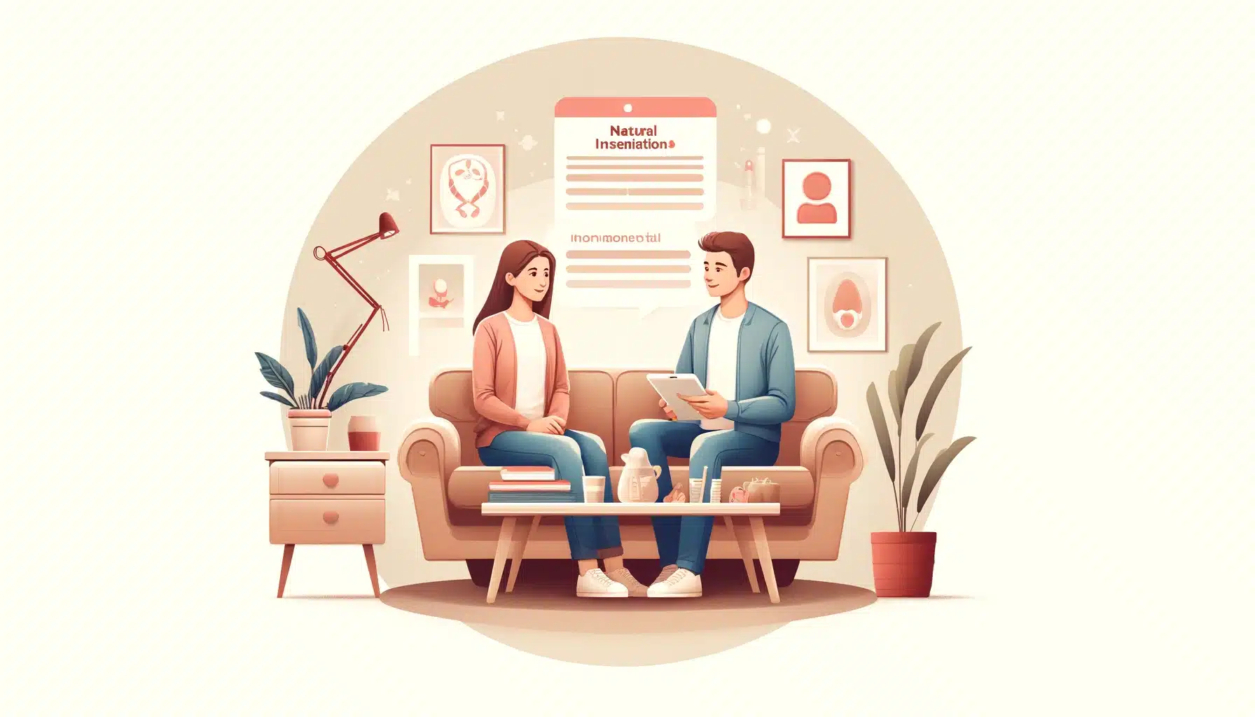An illustration of a couple discussing natural insemination in a warm, comfortable home setting. They are sitting on a couch with a friendly