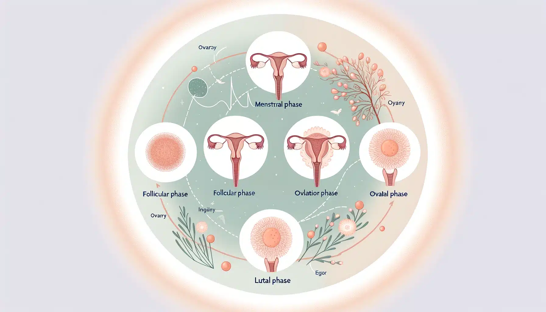 An illustration to accompany a blog post about ovulation and the four phases of the menstrual cycle. The scene features a detailed diagram of the menstrual cycle