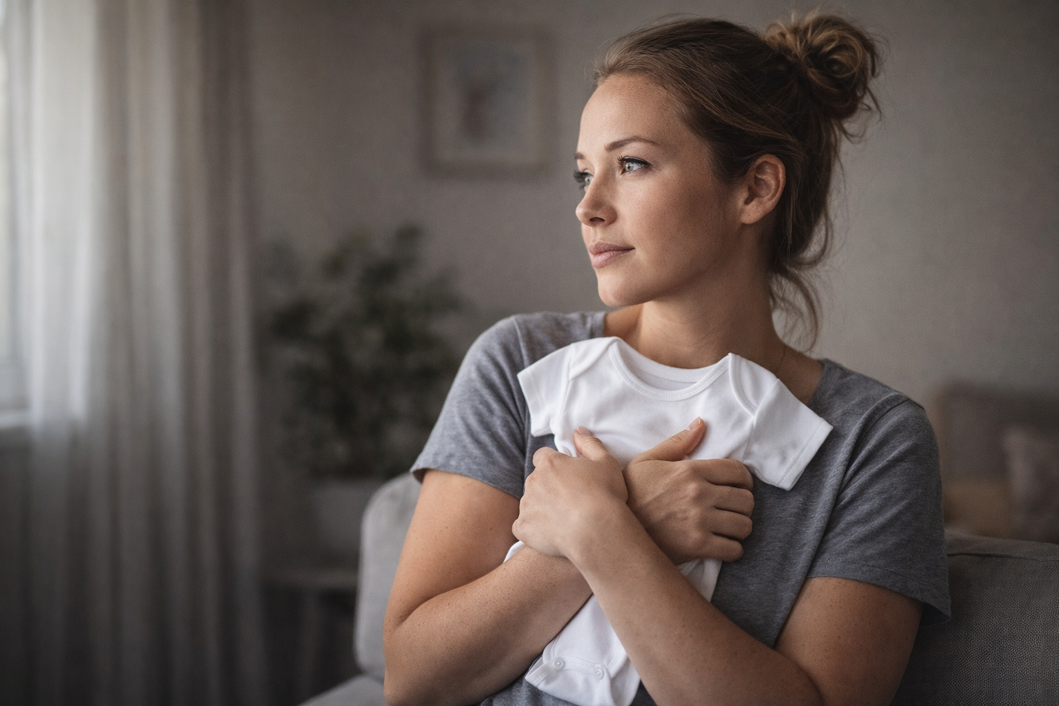 Single and want a baby: woman holding baby clothes and reflecting on motherhood