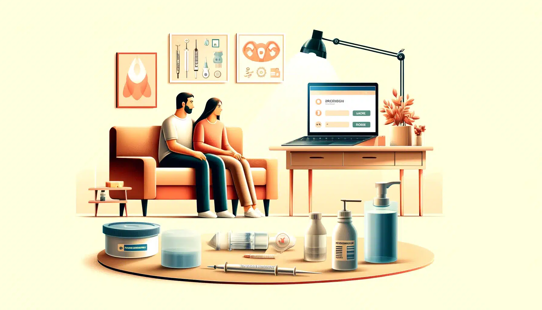 Paar informiert sich über Künstliche Befruchtung Zuhause mit medizinischen Hilfsmitteln und Laptop