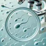 A medical illustration representing low sperm count (oligospermia). The image shows a stylized view of sperm cells under a microscope