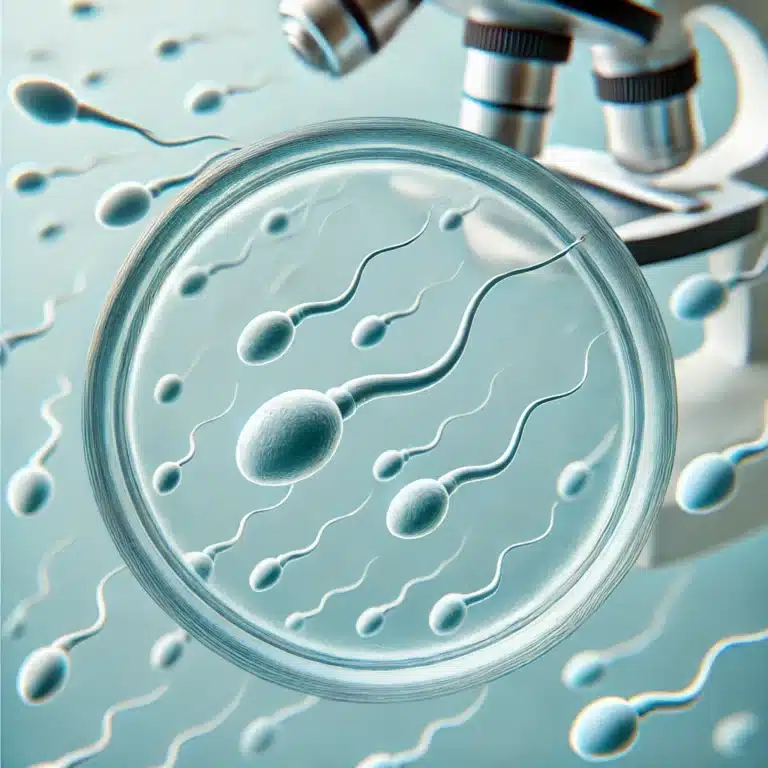 A medical illustration representing low sperm count (oligospermia). The image shows a stylized view of sperm cells under a microscope