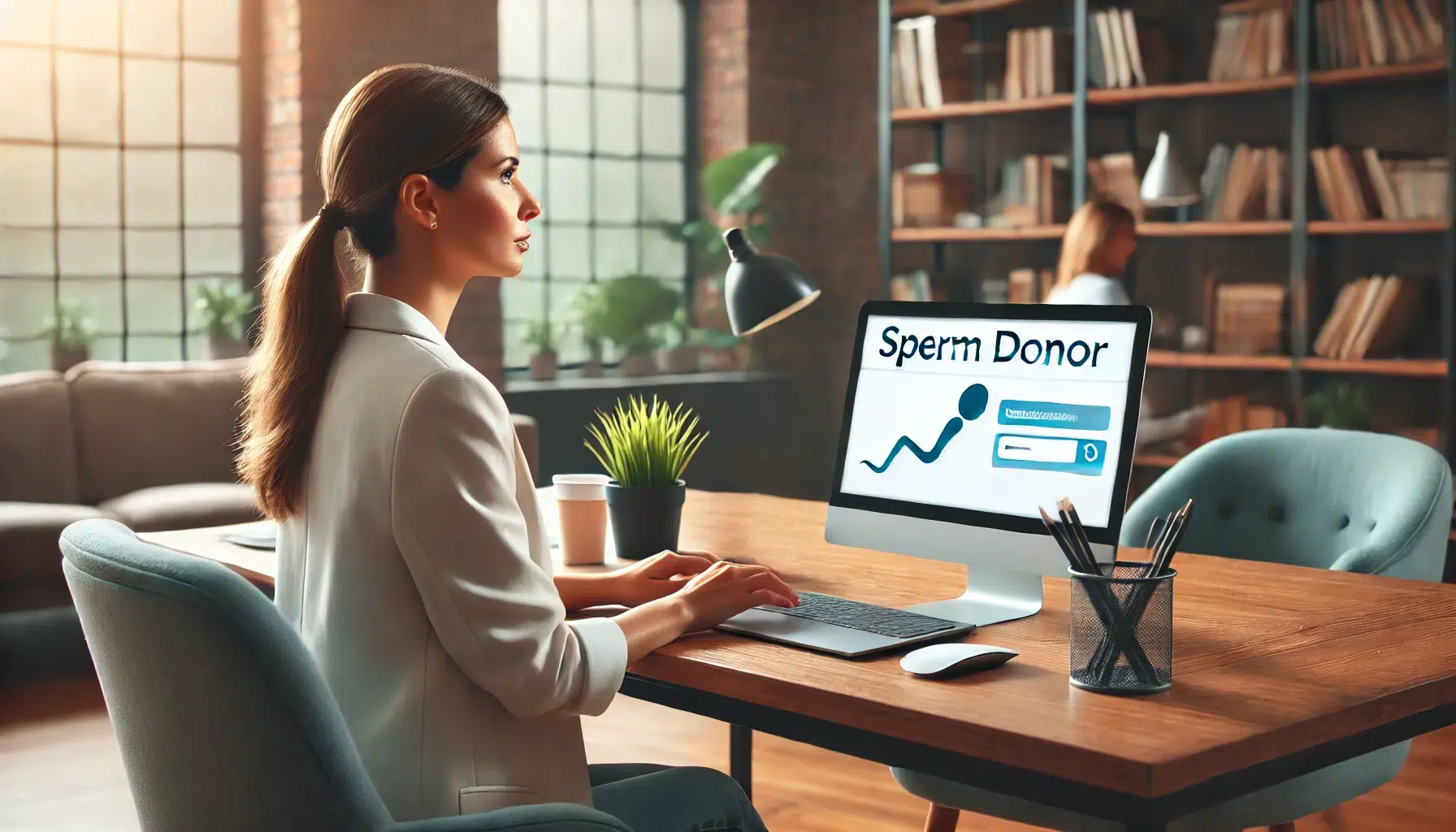 A modern home office setting showing a woman searching for a sperm donor online. She is seated at a desk with a laptop displaying a website for sperm donor