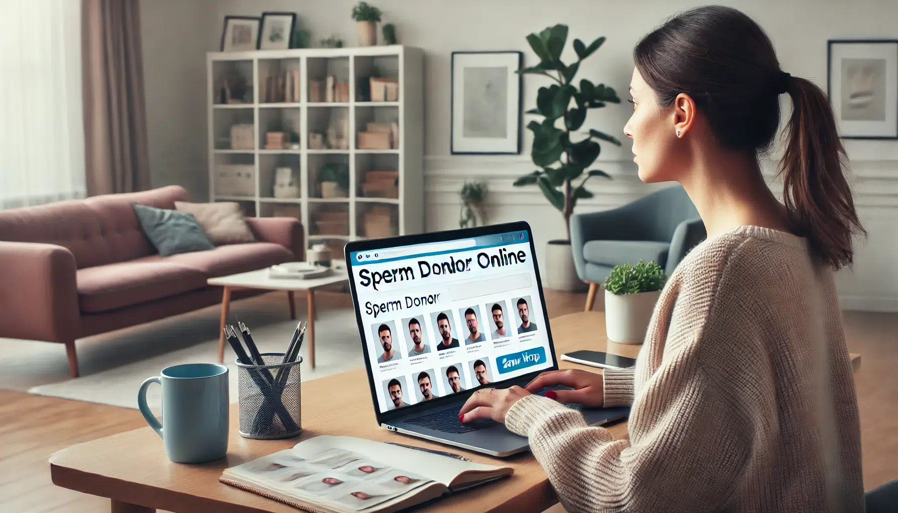 A modern home setting showing a woman looking for a sperm donor online. She is sitting at a desk with a laptop, reviewing profiles on a sperm donor website