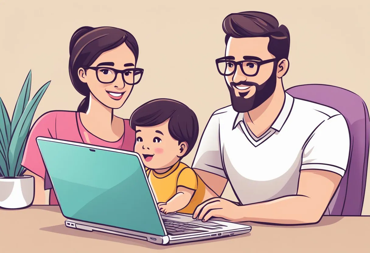 A couple sits at a computer, browsing a dating website specifically for finding a partner to have a baby with. The screen shows a list of frequently asked questions about the process