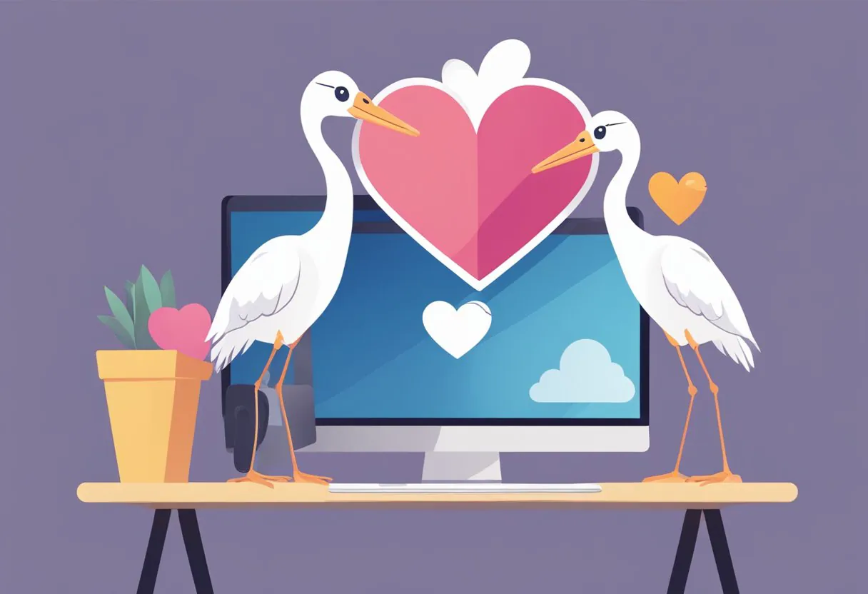 A couple sits at a computer, smiling as they browse a dating website. The screen shows a logo with a stork carrying a heart, symbolizing their intention to find a partner to start a family with