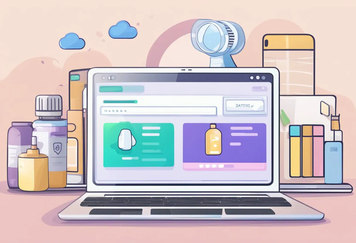 A laptop displaying a dating website with a "Have Baby" option highlighted. A baby bottle and a pregnancy test are placed nearby