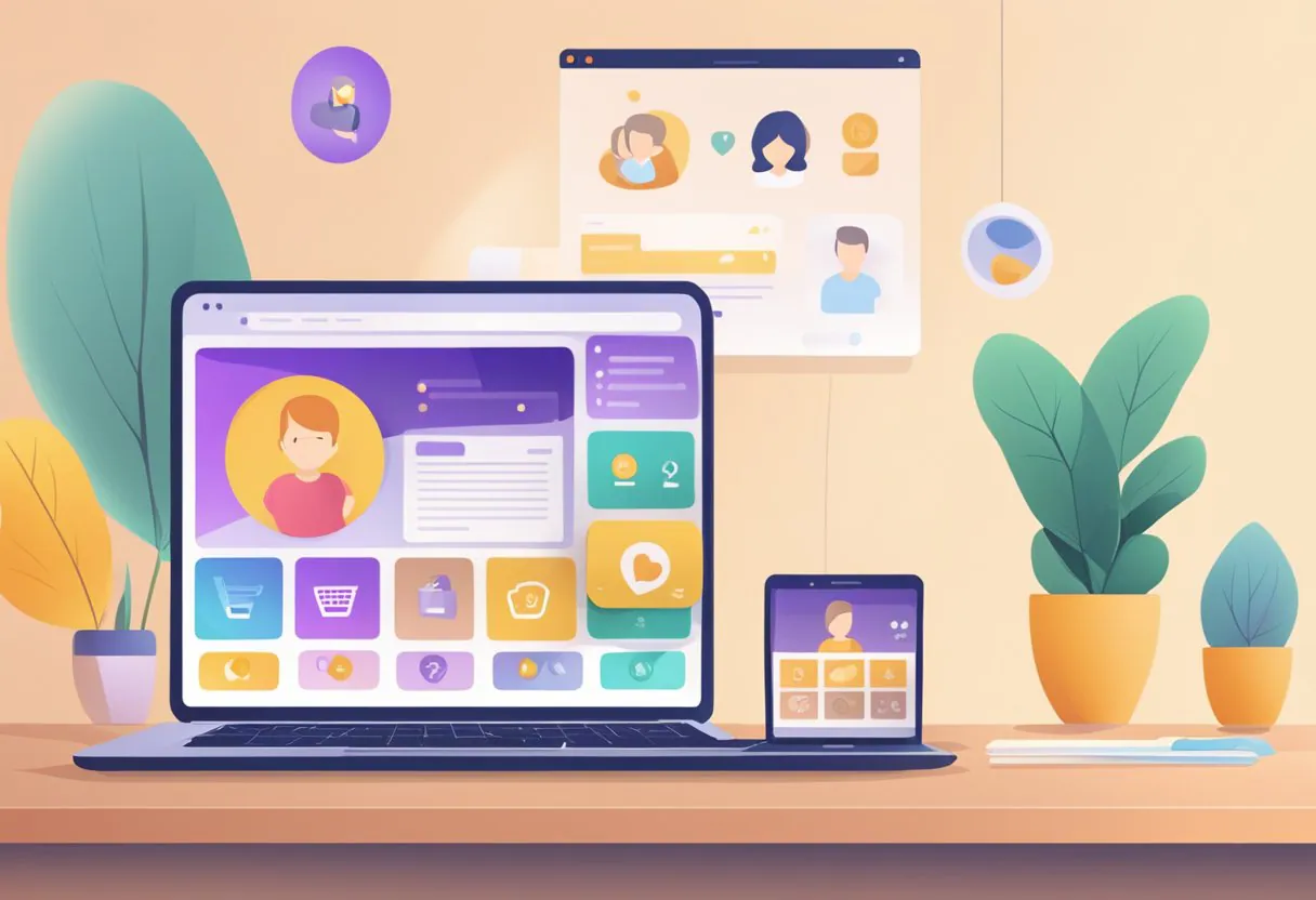 A laptop displaying a sleek dating website with a focus on family and parenting. A baby mobile hangs in the background, adding a touch of warmth and anticipation to the scene