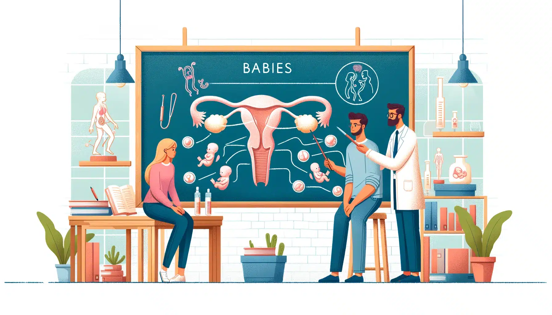 n illustration to accompany a blog post about how babies are made. The scene features a friendly and educational setting, with a diagram of the human