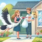 Just a baby illustration of stork delivering a newborn to a couple symbolizing birth