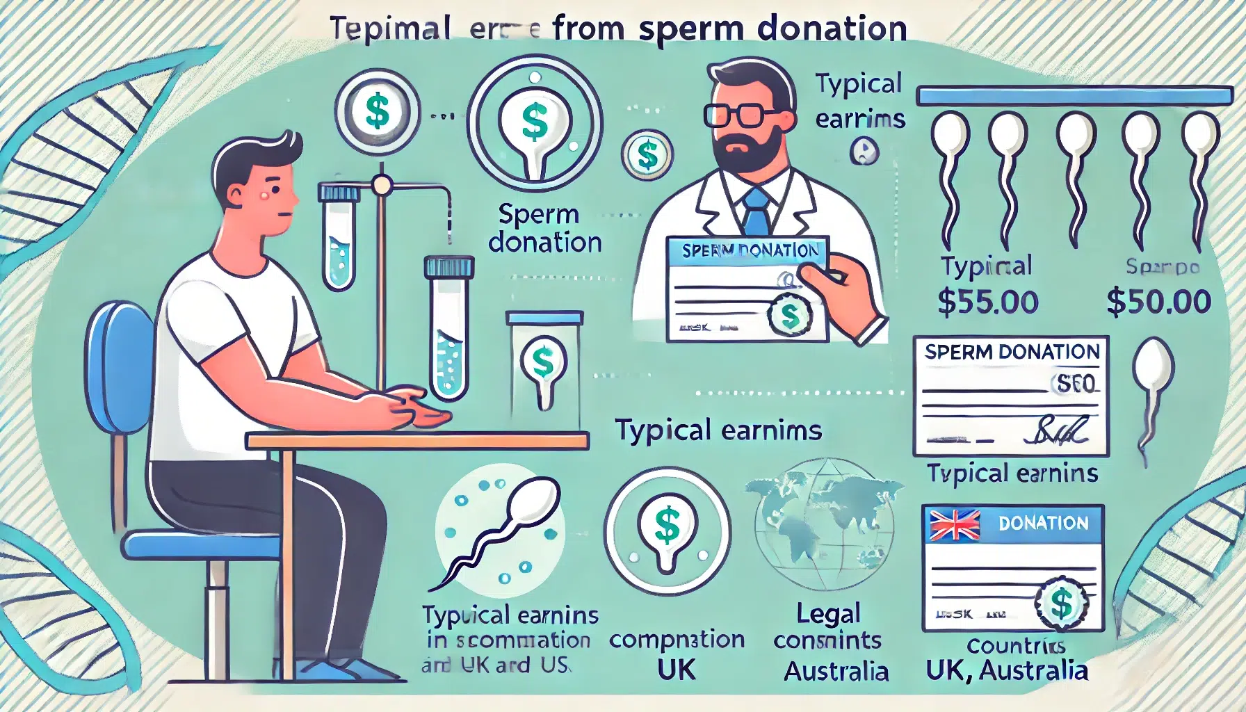 An illustration of the process and earnings from sperm donation. Show a man at a sperm bank, providing a sample, with a medical professional