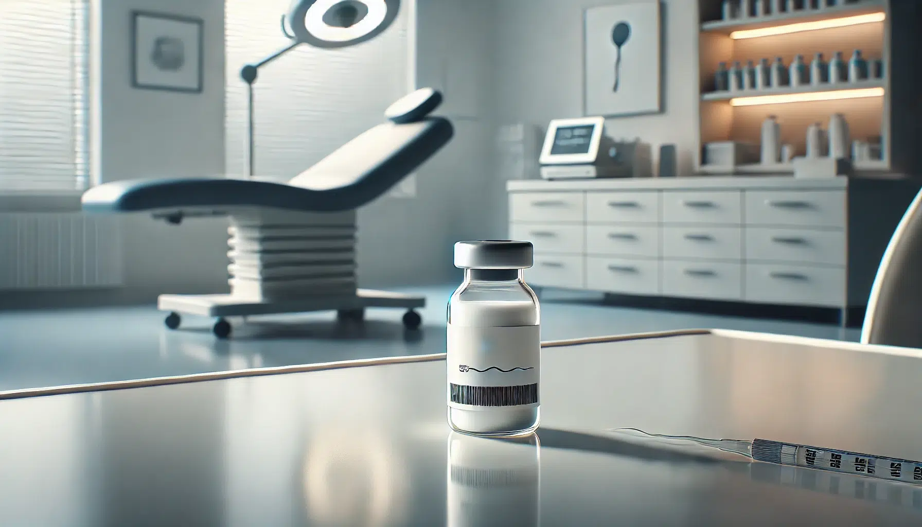 image of a sperm vial placed on a clean table in a modern medical clinic. The setting has a professional and sterile atmosphere
