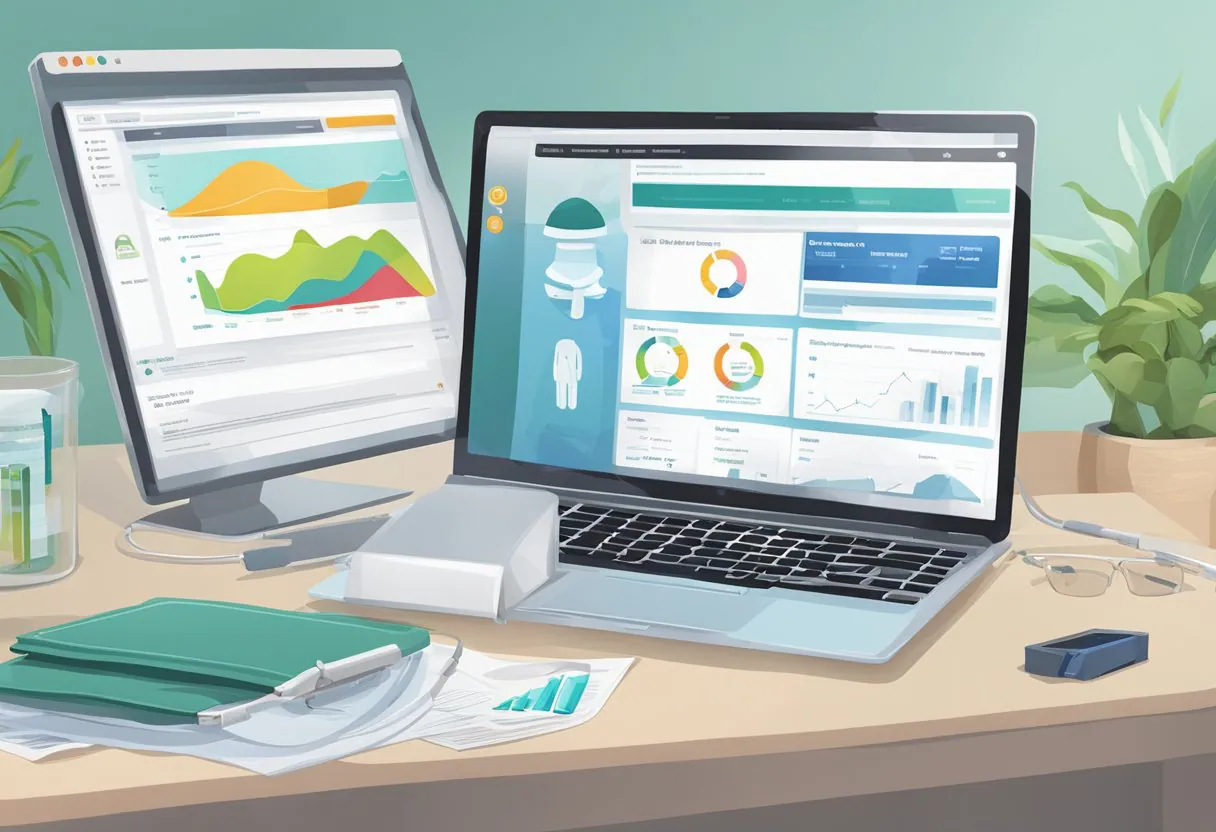 A computer screen displaying a website with a search bar and profiles of potential sperm donors. A medical kit and safety pamphlet sit nearby