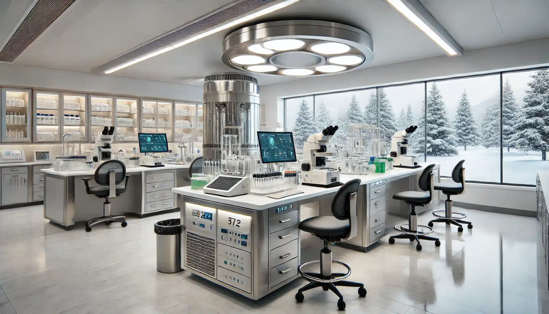 A modern sperm bank facility in Canada with a sterile, clinical environment. The interior features advanced laboratory equipment