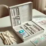 photograph of a home insemination kit neatly arranged on a clean, white surface. The kit includes a sterile needleless syringe