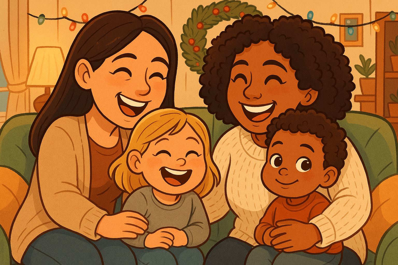 Two women with their children sharing a joyful moment together in a cozy home setting