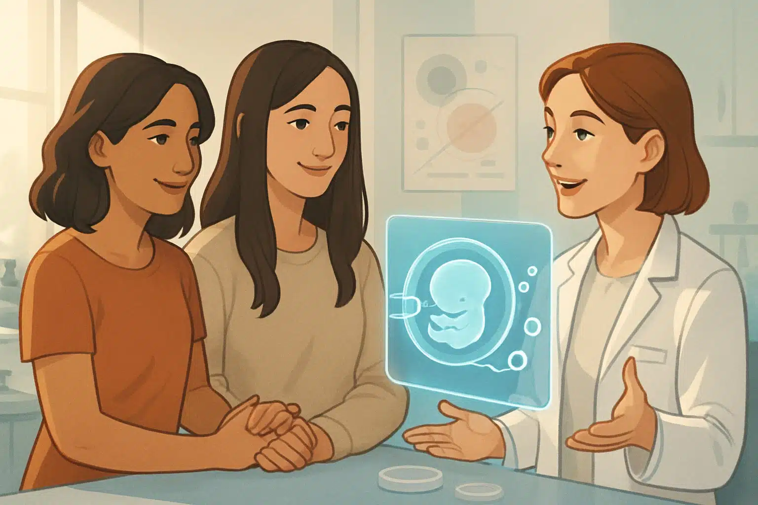 Two women holding hands and smiling in a medical clinic while a doctor explains reproductive technologies with a holographic display showing an embryo.