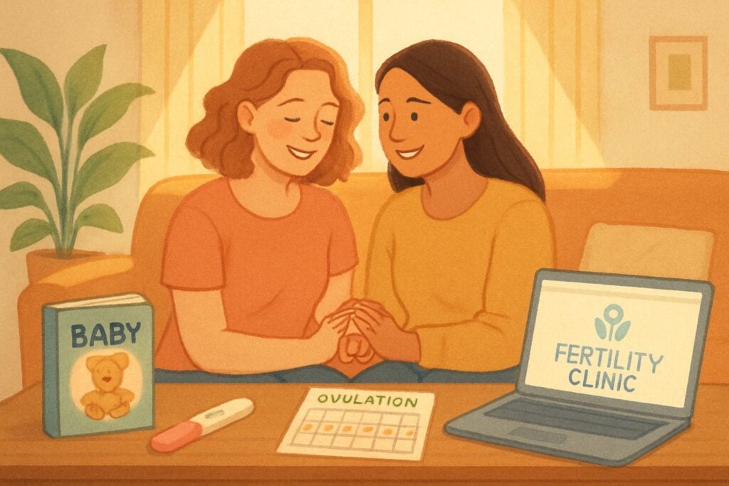 Two women sitting together in a cozy room, holding hands and smiling, surrounded by baby books, a pregnancy test, and a laptop showing family planning information.