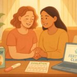 Two women sitting together in a cozy room, holding hands and smiling, surrounded by baby books, a pregnancy test, and a laptop showing family planning information.