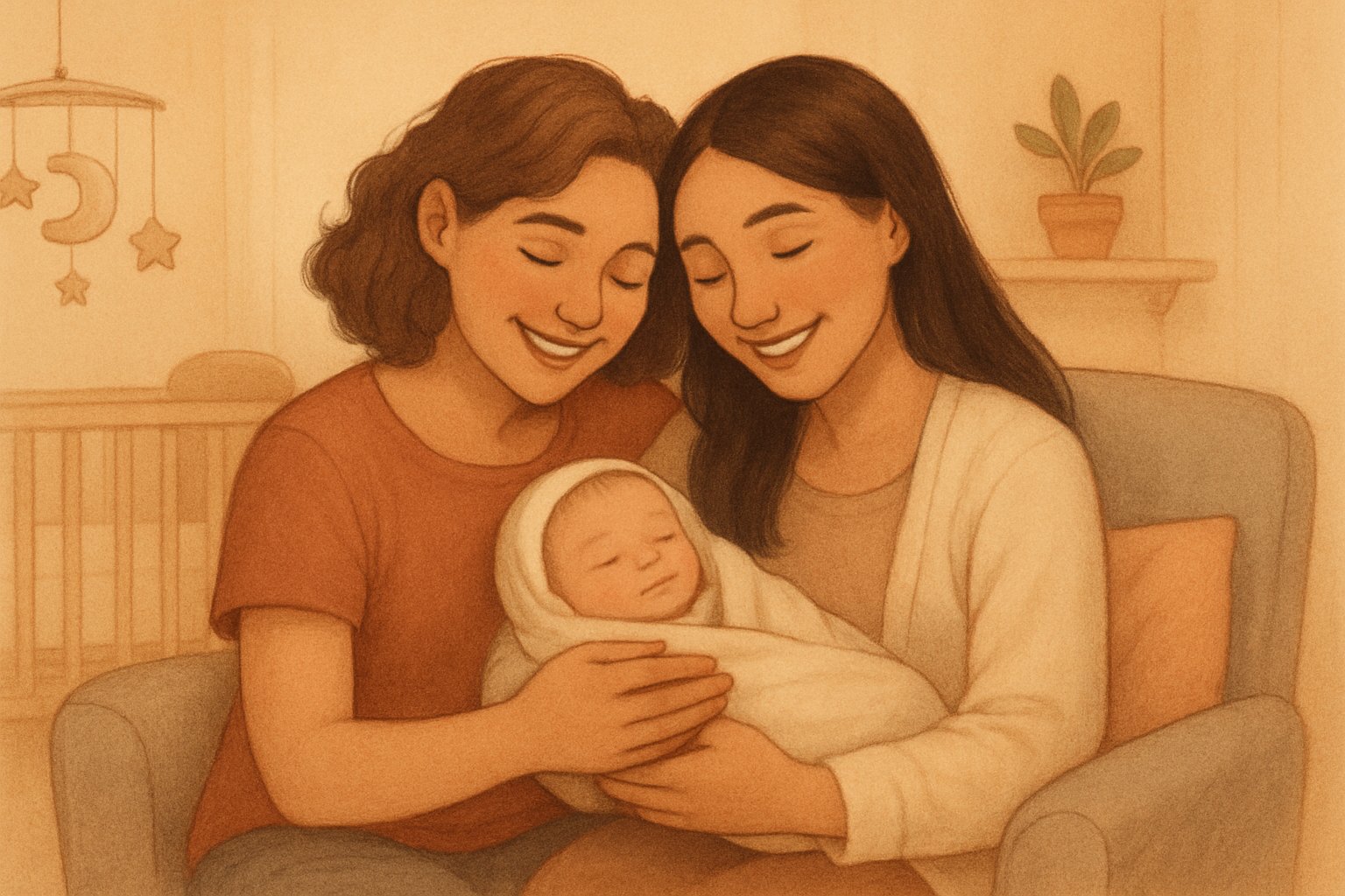Two women sitting together, lovingly holding a newborn baby in a cozy nursery.