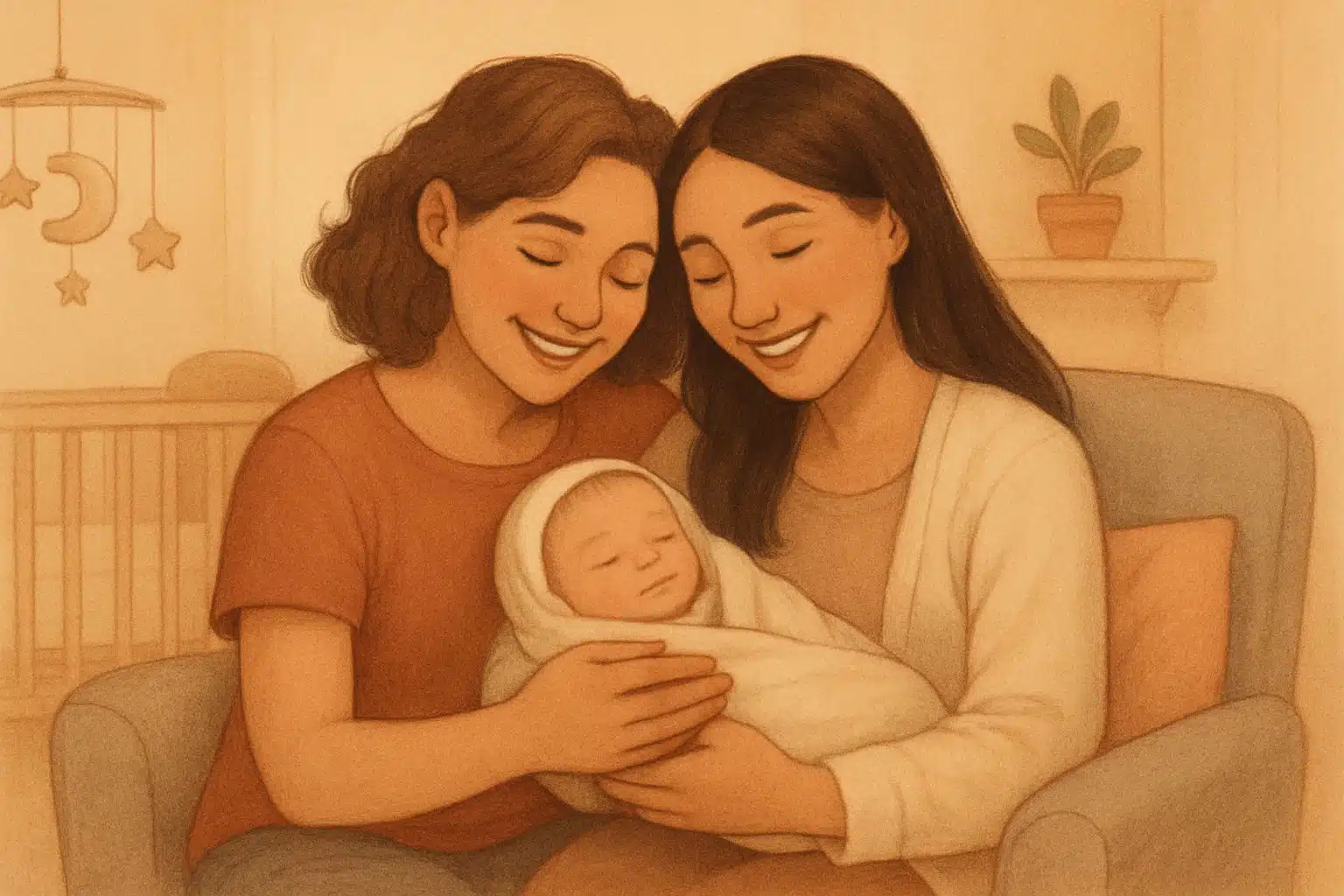 Two women sitting together, lovingly holding a newborn baby in a cozy nursery.