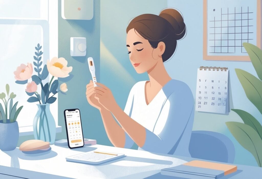 A woman holding an ovulation predictor kit in a softly lit room with a calendar and smartphone displaying fertility tracking information nearby.
