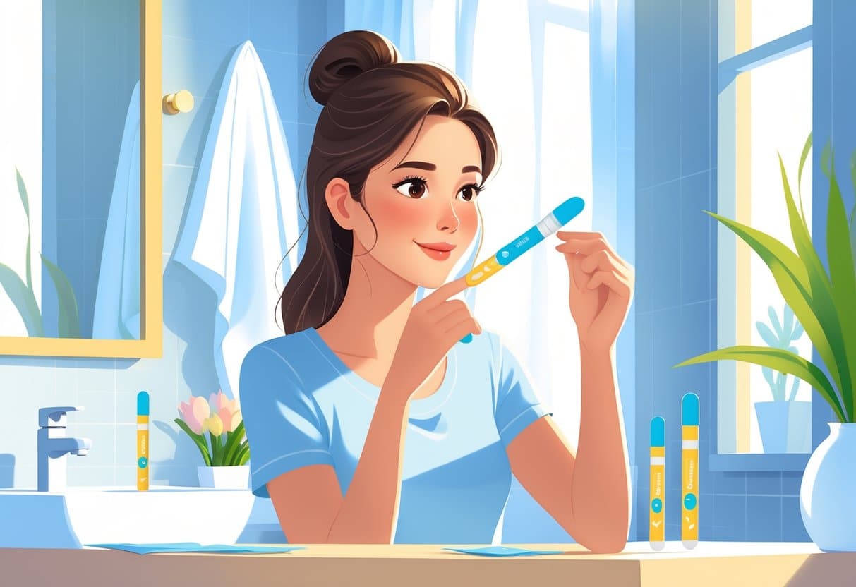 A woman in a bathroom holding an ovulation test stick and looking at it carefully, with additional test sticks and a leaflet on the counter nearby.