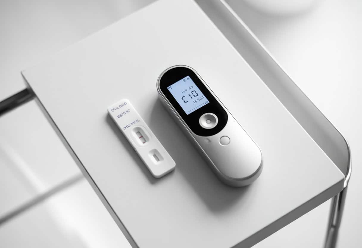 An ovulation predictor kit with a digital testing device and a test strip on a white surface