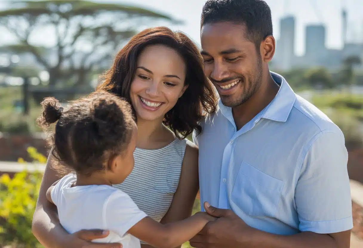 Co-parenting couple in South Africa with their child outdoors photo